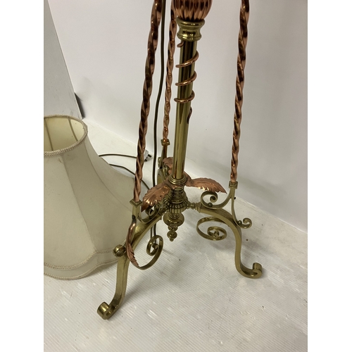 64 - Antique brass and copper floor lamp and shade.