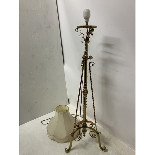 64 - Antique brass and copper floor lamp and shade.