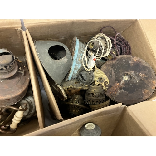 18 - Five boxes of old brass ware, lamp parts & pewter tankards. AF
