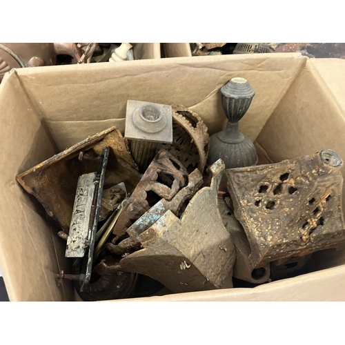 18 - Five boxes of old brass ware, lamp parts & pewter tankards. AF