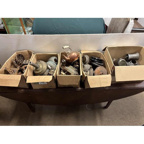 18 - Five boxes of old brass ware, lamp parts & pewter tankards. AF