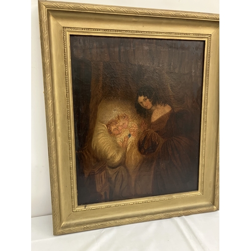 34 - Victorian picture on canvas, 
Mother with children,
60cm x 50cm.