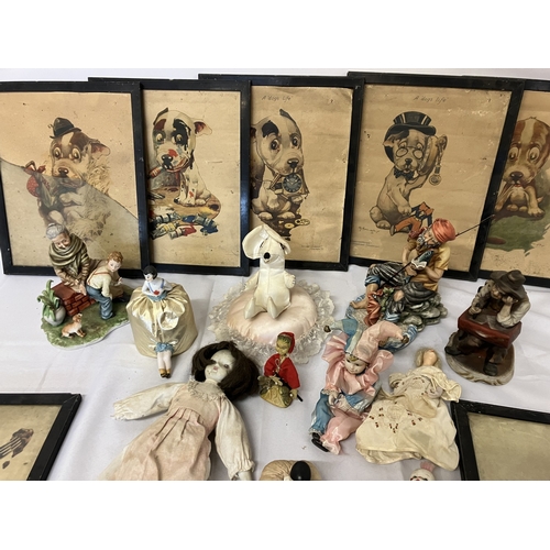 58 - Mixed lot to include a collection of dog prints, Capodimonte figures and dolls and clowns, etc. AF