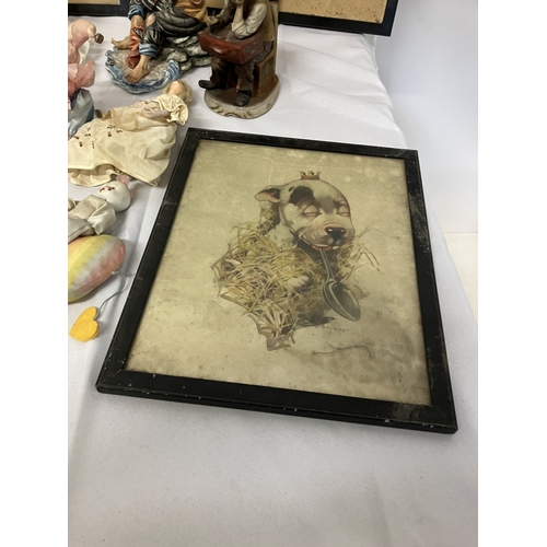 58 - Mixed lot to include a collection of dog prints, Capodimonte figures and dolls and clowns, etc. AF