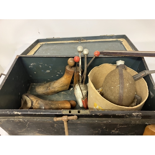 68 - Old metal box with shoe fittings, etc.