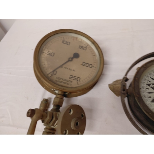 90 - Heavy antique brass case compass on swivel by Henry Browne & Son together with a pressure gauge and ... 