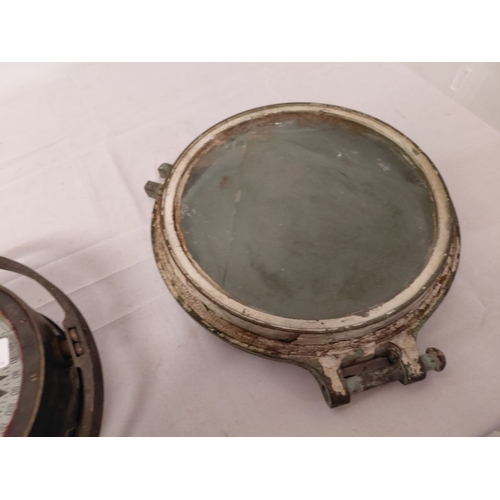 90 - Heavy antique brass case compass on swivel by Henry Browne & Son together with a pressure gauge and ... 