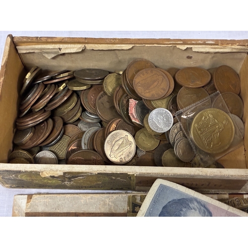 Box of coins & foreign bank notes.