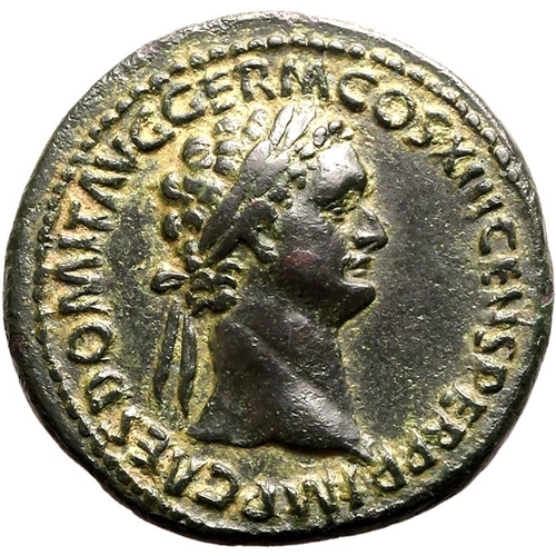 103 - Very Fine; attractive green patina | ROMAN EMPIRE. Domitian. Bronze as, AD 87. Rome. Obv: IMP CAES D... 