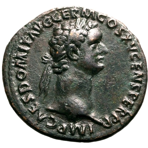 105 - About Extremely Fine | ROMAN EMPIRE. Domitian. Bronze as, AD 90-91. Rome. Obv: IMP CAES DOMIT AVG GE... 