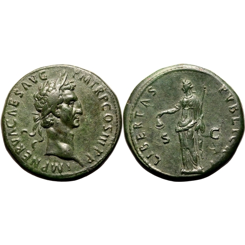 110 - About Extremely Fine; striking portrait and wonderful green patina | ROMAN EMPIRE. Nerva. Bronze ses... 