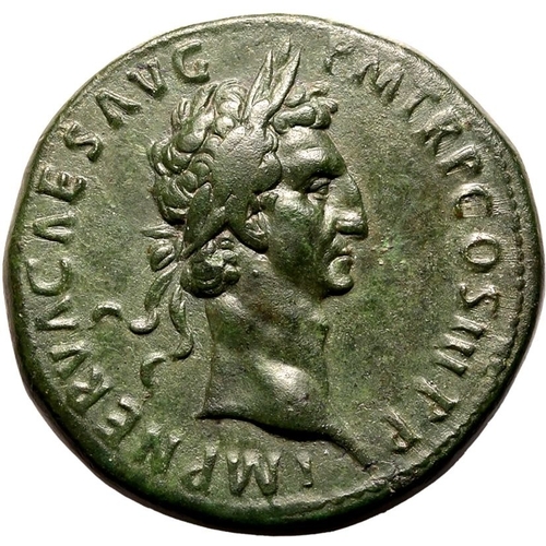 110 - About Extremely Fine; striking portrait and wonderful green patina | ROMAN EMPIRE. Nerva. Bronze ses... 