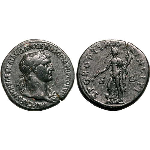 122 - Very Fine; clear portrait | ROMAN EMPIRE. Trajan. Bronze sestertius, AD 104-107. Rome. Obv: IMP CAES... 