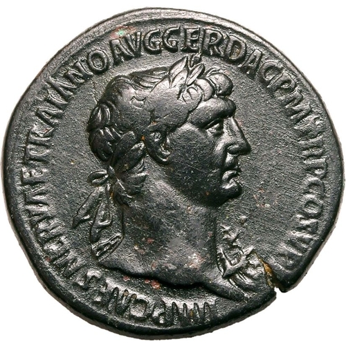 122 - Very Fine; clear portrait | ROMAN EMPIRE. Trajan. Bronze sestertius, AD 104-107. Rome. Obv: IMP CAES... 