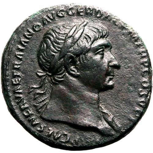 123 - Good Very Fine; a bold portrait of Trajan | ROMAN EMPIRE. Trajan. Bronze as, AD 107-110. Rome. Obv: ... 