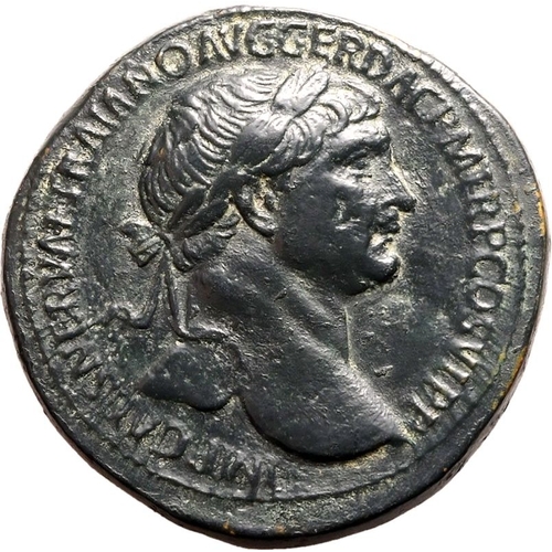 128 - About Good Very Fine; smoothed, pleasant aquamarine patina | ROMAN EMPIRE. Trajan. Bronze sestertius... 