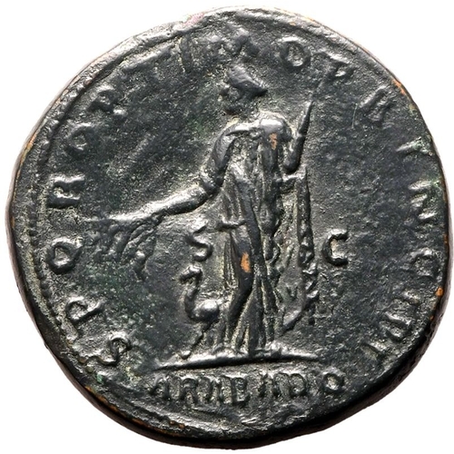 128 - About Good Very Fine; smoothed, pleasant aquamarine patina | ROMAN EMPIRE. Trajan. Bronze sestertius... 