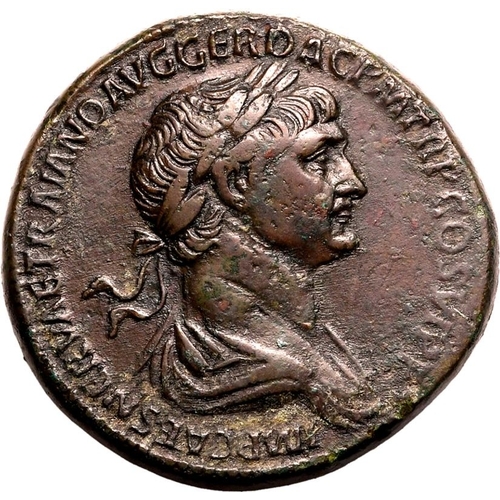 131 - Good Very Fine; pleasant brown patina, fine portrait | ROMAN EMPIRE. Trajan. Bronze sestertius, AD 1... 