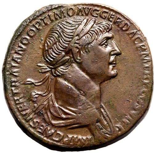 134 - About Extremely Fine; struck from worn dies, attractive patina | ROMAN EMPIRE. Trajan. Bronze sester... 