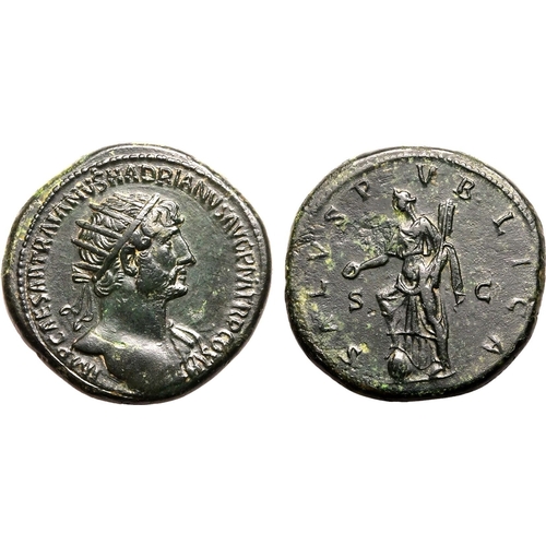 140 - About Extremely Fine; beautiful dark green patina | ROMAN EMPIRE. Hadrian. Bronze dupondius, AD 119-... 