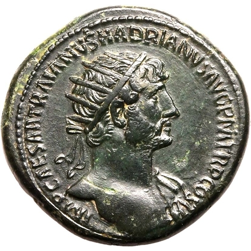 140 - About Extremely Fine; beautiful dark green patina | ROMAN EMPIRE. Hadrian. Bronze dupondius, AD 119-... 