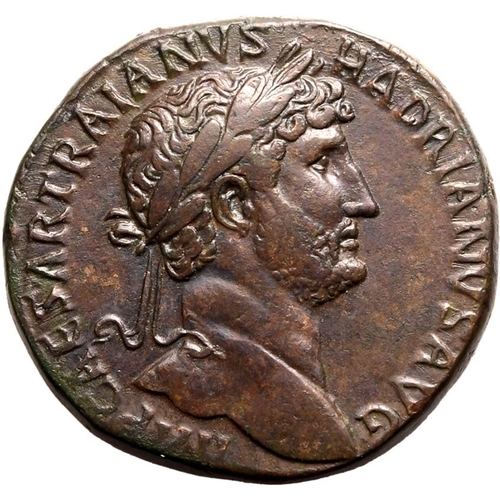 141 - About Extremely Fine; area of weakness, beautiful patina | ROMAN EMPIRE. Hadrian. Bronze sestertius,... 