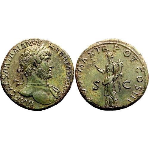 142 - Extremely Fine; boasting a striking portrait of Hadrian and pleasant green patina | ROMAN EMPIRE. Ha... 