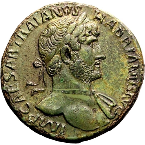 142 - Extremely Fine; boasting a striking portrait of Hadrian and pleasant green patina | ROMAN EMPIRE. Ha... 