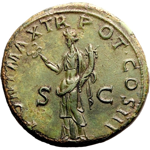 142 - Extremely Fine; boasting a striking portrait of Hadrian and pleasant green patina | ROMAN EMPIRE. Ha... 