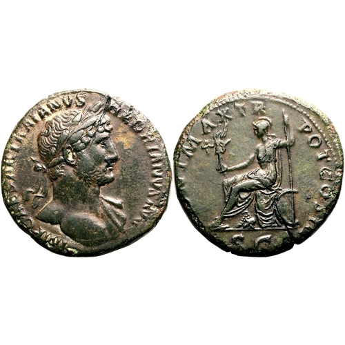 143 - About Extremely Fine | ROMAN EMPIRE. Hadrian. Bronze sestertius, AD 119-120. Rome. Obv: IMP CAESAR T... 