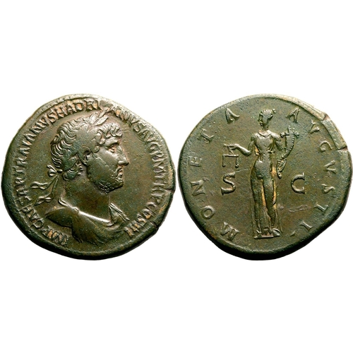 146 - About Good Very Fine | ROMAN EMPIRE. Hadrian. Bronze sestertius, AD 120-121. Rome. Obv: IMP CAESAR T... 