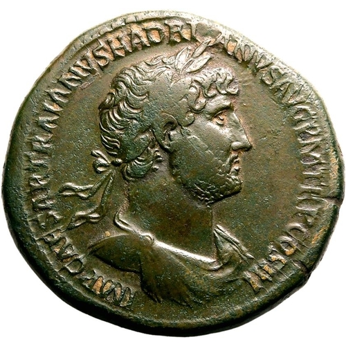 146 - About Good Very Fine | ROMAN EMPIRE. Hadrian. Bronze sestertius, AD 120-121. Rome. Obv: IMP CAESAR T... 