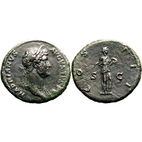 157 - About Extremely Fine; smoothed | ROMAN EMPIRE. Hadrian. Bronze as, AD 126-127. Rome. Obv: HADRIANVS ... 