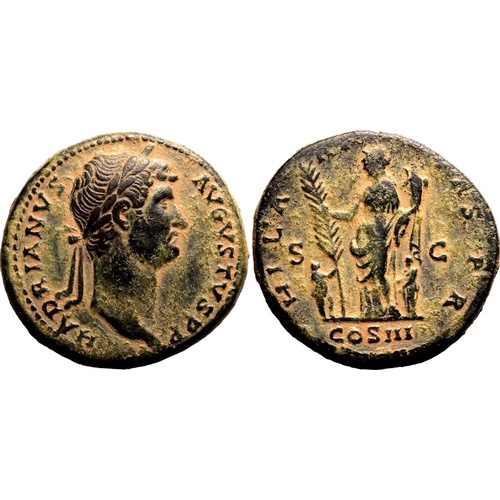 163 - Very Fine | ROMAN EMPIRE. Hadrian. Bronze sestertius, AD 128-129. Rome. Obv: HADRIANVS AVGVSTVS P P,... 