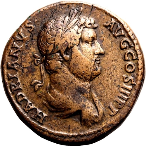 174 - About Good Very Fine; striking yellow/brown patina | ROMAN EMPIRE. Hadrian. Bronze sestertius, AD 13... 