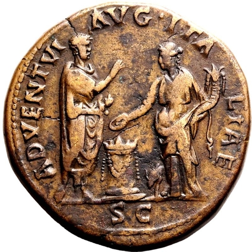 174 - About Good Very Fine; striking yellow/brown patina | ROMAN EMPIRE. Hadrian. Bronze sestertius, AD 13... 