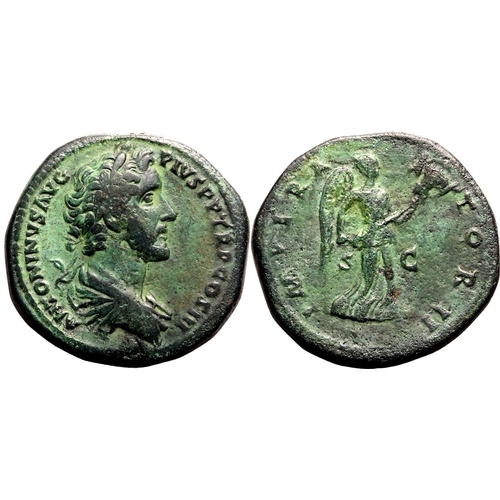 216 - About Very Fine; striking green patina | ROMAN EMPIRE. Antoninus Pius. Bronze sestertius, AD 143-144... 