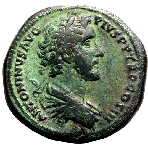 216 - About Very Fine; striking green patina | ROMAN EMPIRE. Antoninus Pius. Bronze sestertius, AD 143-144... 