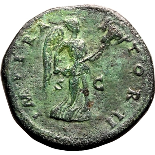 216 - About Very Fine; striking green patina | ROMAN EMPIRE. Antoninus Pius. Bronze sestertius, AD 143-144... 