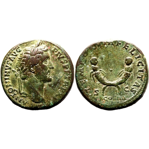 224 - Very Fine; pleasant green patina | ROMAN EMPIRE. Antoninus Pius. Bronze sestertius, AD 148-149. Rome... 