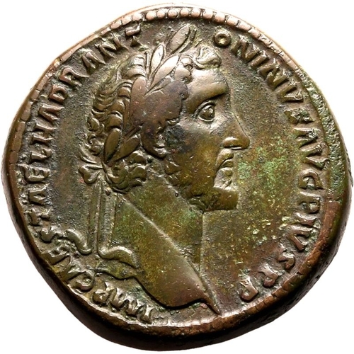 225 - Very Fine; featuring an attractive, mottled patina | ROMAN EMPIRE. Antoninus Pius. Bronze sestertius... 