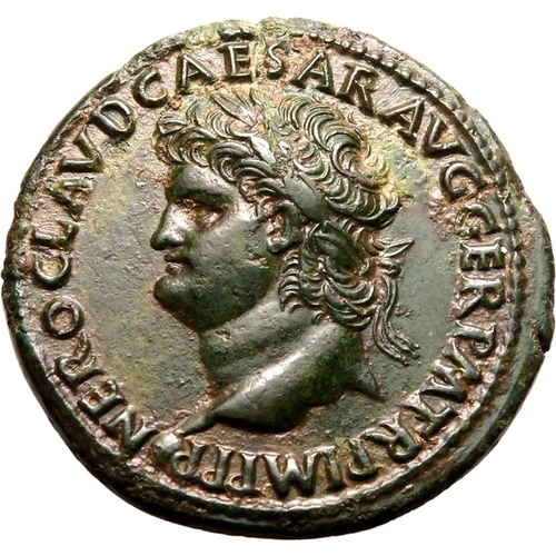 53 - About Extremely Fine; delamination to rev., beautiful green patina | ROMAN EMPIRE. Nero. Bronze dupo... 