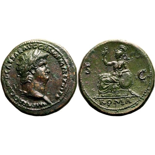 63 - About Extremely Fine; a spectacular patina | ROMAN EMPIRE. Nero. Bronze sestertius, AD 67. Rome. Obv... 