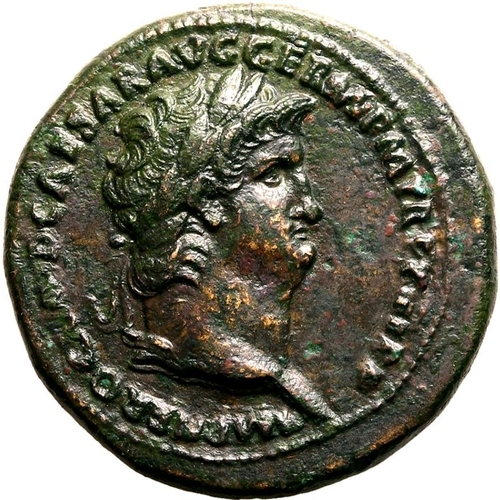 63 - About Extremely Fine; a spectacular patina | ROMAN EMPIRE. Nero. Bronze sestertius, AD 67. Rome. Obv... 