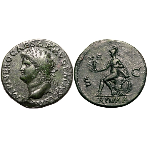 64 - About Good Very Fine; pleasant dark green patina | ROMAN EMPIRE. Nero. Bronze sestertius, AD 67. Lug... 