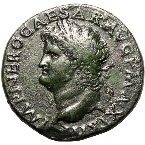 64 - About Good Very Fine; pleasant dark green patina | ROMAN EMPIRE. Nero. Bronze sestertius, AD 67. Lug... 