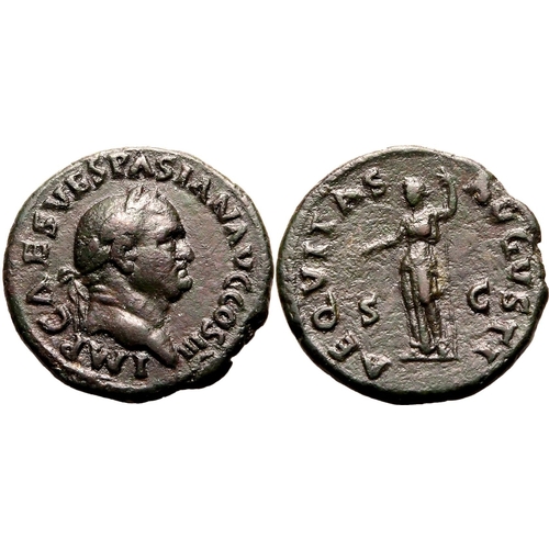 74 - About Good Very Fine | ROMAN EMPIRE. Vespasian. Bronze as, AD 71. Rome. Obv: IMP CAES VESPASIAN AVG ... 