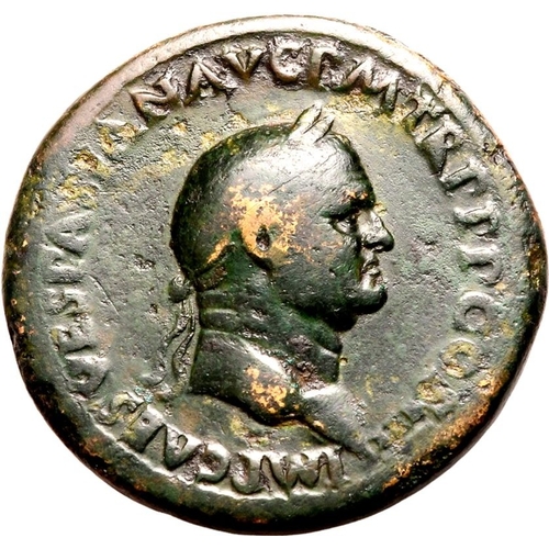 78 - About Very Fine; pleasant green patina | ROMAN EMPIRE. Vespasian. Bronze sestertius, AD 71. Rome. Ob... 