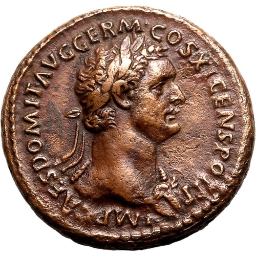 97 - Extremely Fine; an impressive example of the type | ROMAN EMPIRE. Domitian. Bronze as, AD 85. Rome. ... 