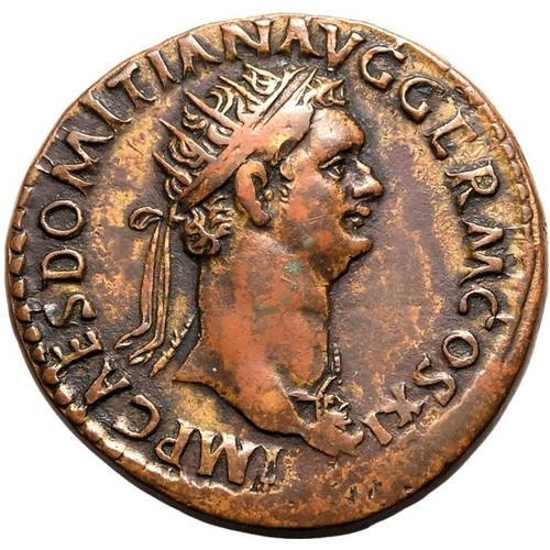 99 - About Extremely Fine; smoothed | ROMAN EMPIRE. Domitian. Bronze dupondius, AD 85. Rome. Obv: IMP CAE... 